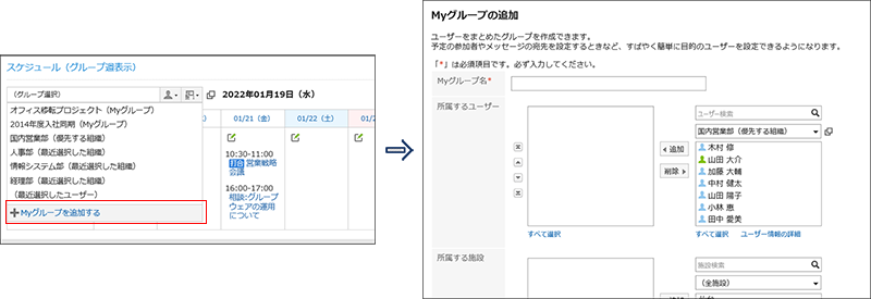 スクリーンショット：Myグループを追加する操作リンクが枠線で囲まれて強調されているスケジュールの画面