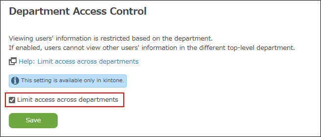 Screenshot: The "Limit access across departments" checkbox is selected