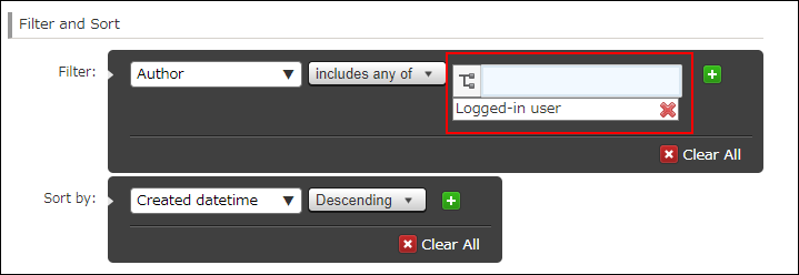 Screenshot: Screen of kintone. Showing an example of configuring "Logged-in user" as a filter condition
