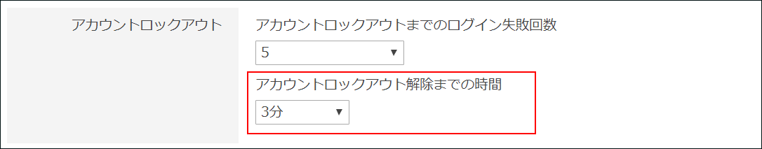 スクリーンショット：「アカウントロックアウト解除までの時間」が枠線で強調されている