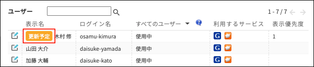 スクリーンショット：組織とユーザーの設定画面。「更新予定」と表示されたユーザーが枠線で強調されている