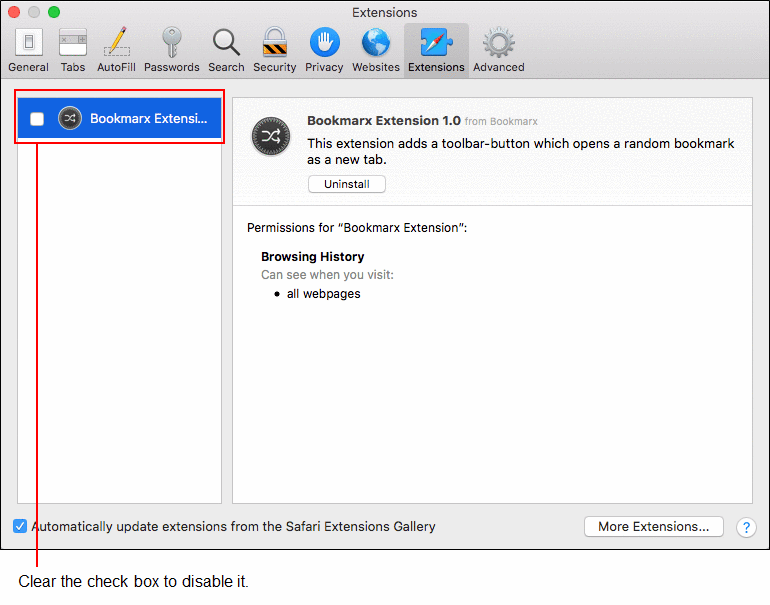 'Extensions' screen