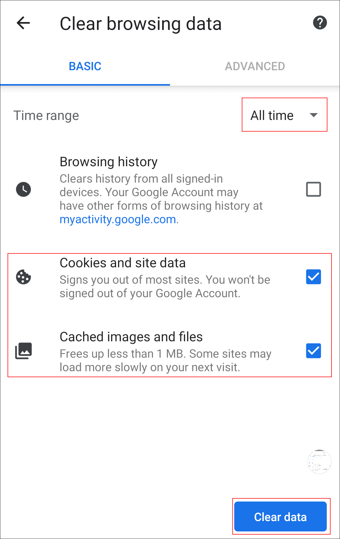 Image of selecting the data to clear