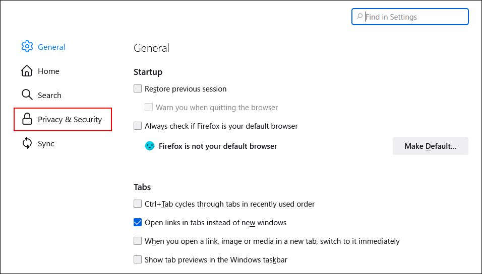 Screen capture: Selecting Privacy & Security