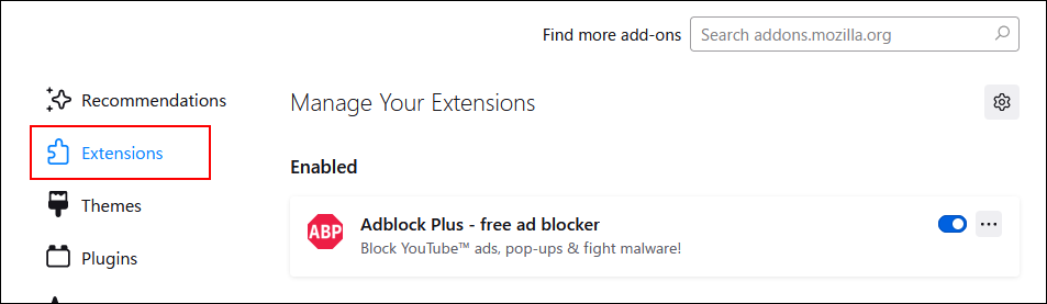 Screen capture: Selecting Extensions