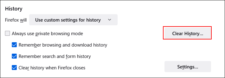 Screen capture: Link to clear the history is highlighted