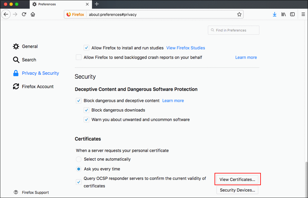 Image where the View Certificates button is highlighted