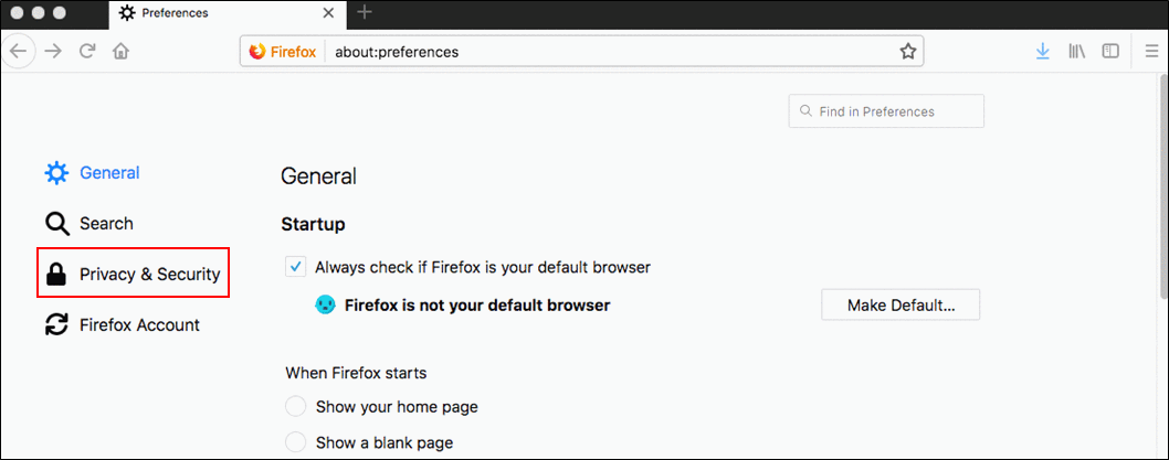 Image where the link of Privacy & Security is highlighted