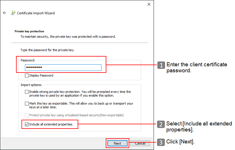 'Private key protection' screen