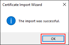 Screen which shows 'The import was successful.'