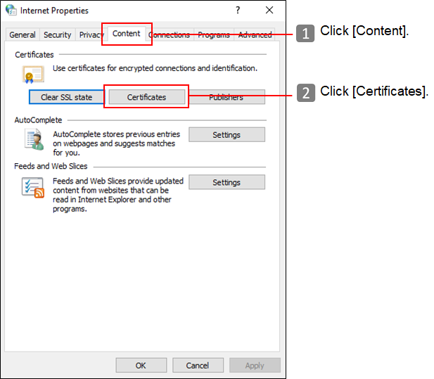 'Content' tab on 'Internet Properties' screen