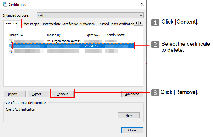 'Personal' tab on 'Certificates' screen