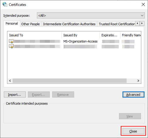 'Certificates' screen