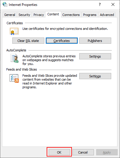 'Content' tab on 'Internet Properties' screen