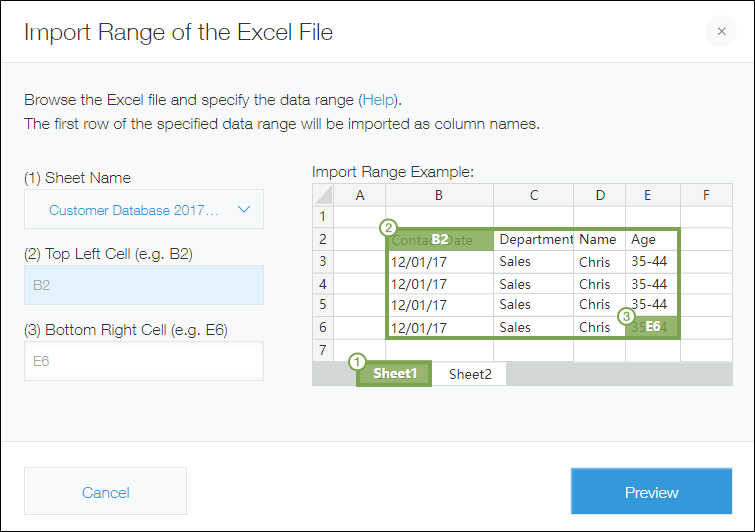 Screenshot: The "Import range of the Excel file" dialog is displayed