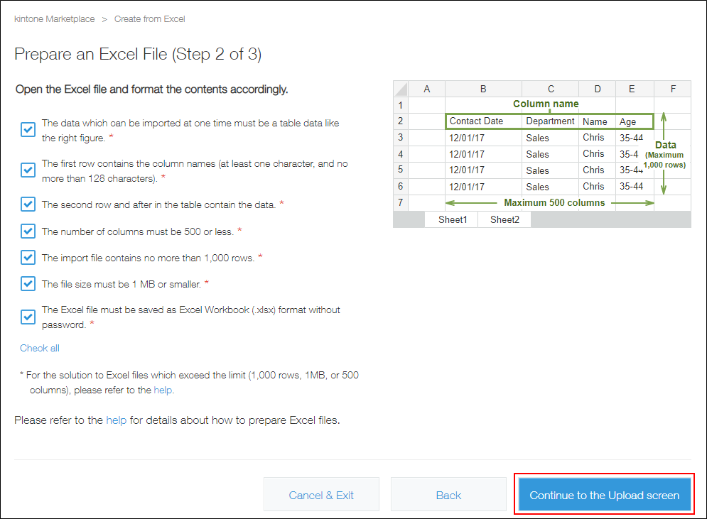 Screenshot: "Continue to the Upload screen" is outlined