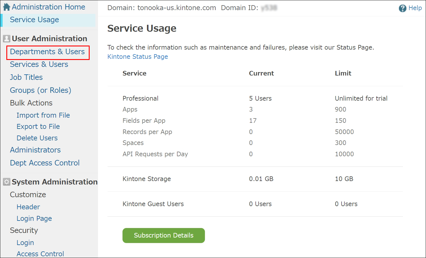 Screenshot: "Departments & users" is highlighted on the "Departments & users" screen