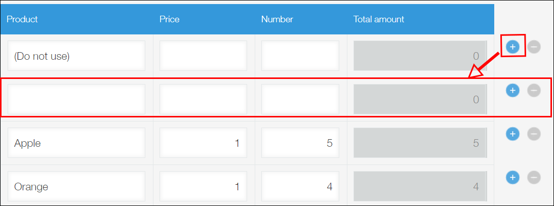 Screenshot: Example of adding a new row by keeping the top row empty