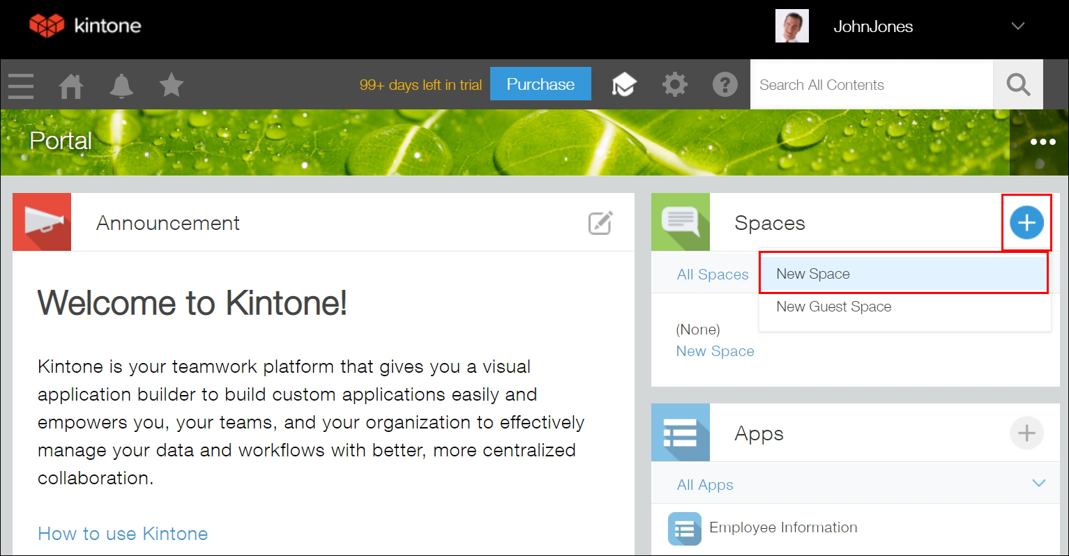 Screenshot: Displaying and selecting the "New space" on Portal