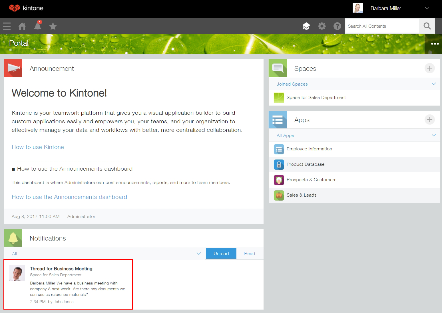 Screenshot: A new comment is highlighted in the "Notifications" section on Portal