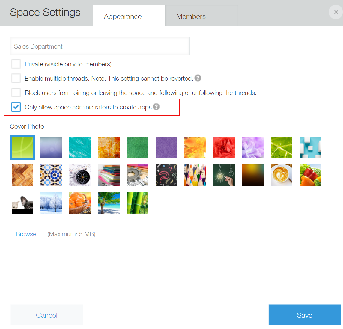 Screenshot: "Only allow space administrators to create apps" is highlighted on the "Space settings" screen