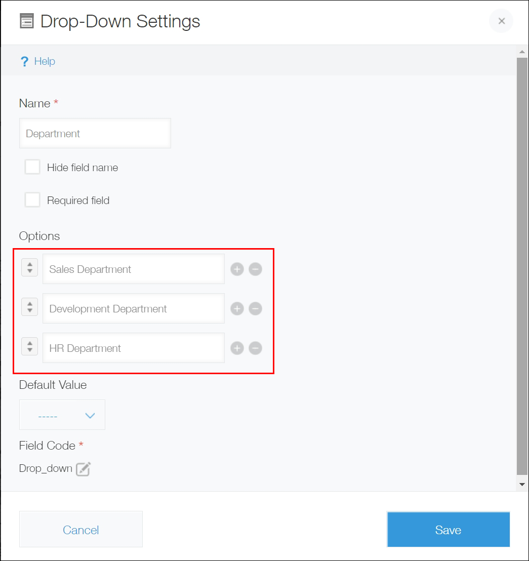 Screenshot: The "Drop-down settings" dialog