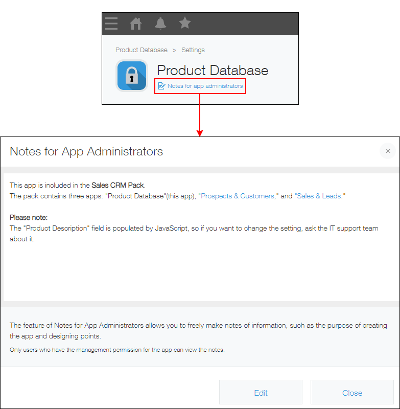 Screenshot: Entering notes for app administrators