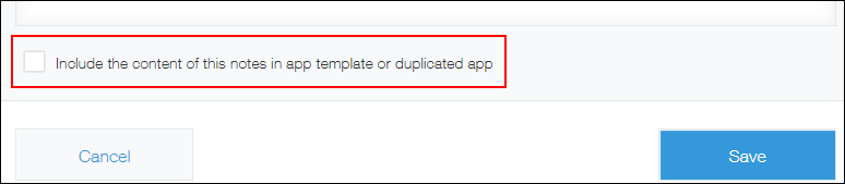 Screenshot: The "Include the content of this notes in app template or duplicated app" checkbox is outlined