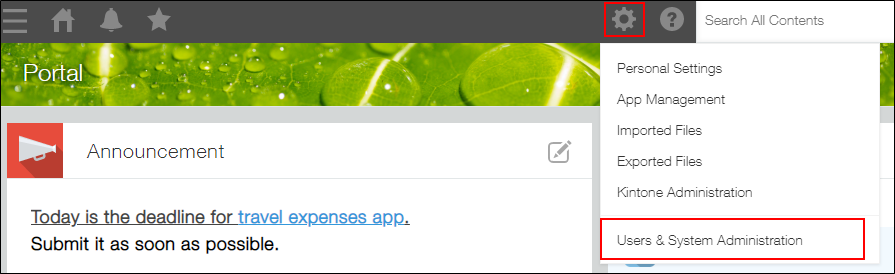Screenshot: "Users & system administration" is highlighted