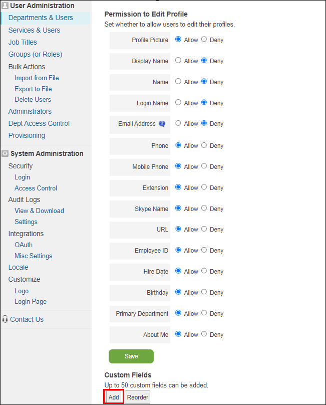 Screenshot: "Add" is highlighted in the "Custom Fields" section on the "Profile Settings" screen