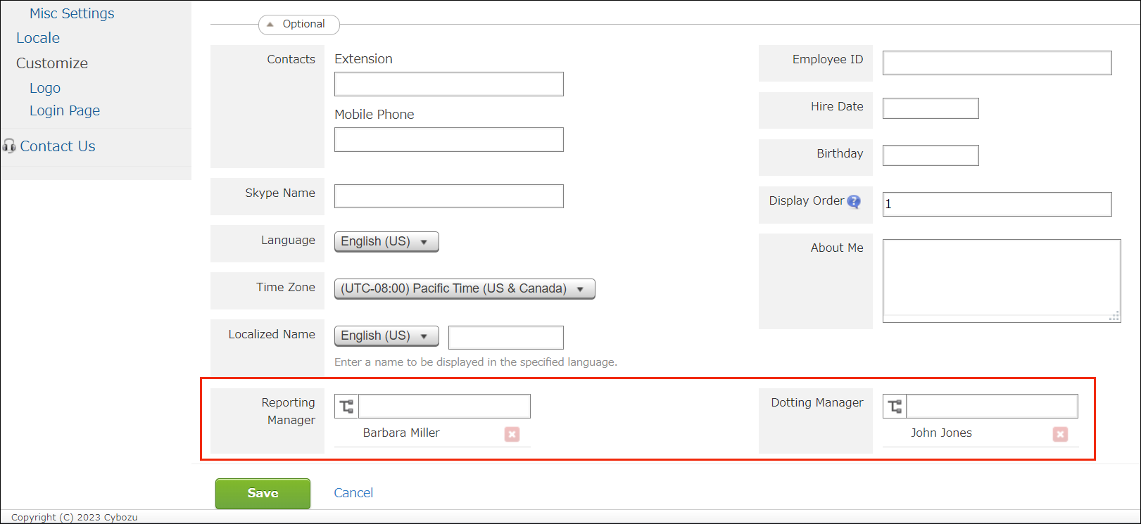 Screenshot: On the "Change User Information" screen, "Reporting Manager" is specified as the custom field name