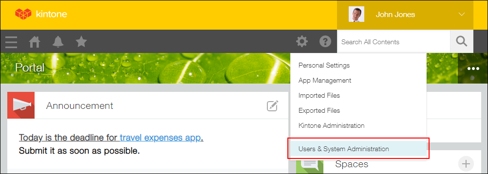 Screenshot: Clicking the "Settings" icon and "Users & system administration"