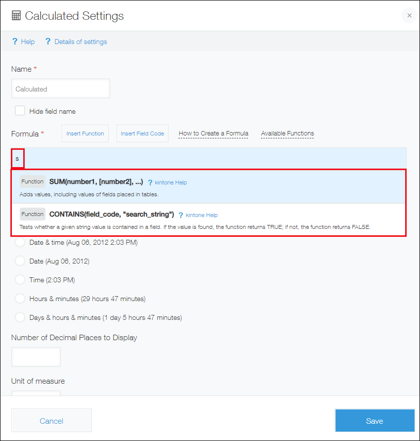 Screenshot: The "Calculated settings" dialog. Functions containing the character entered are displayed as suggestions in the "Formula" setting.