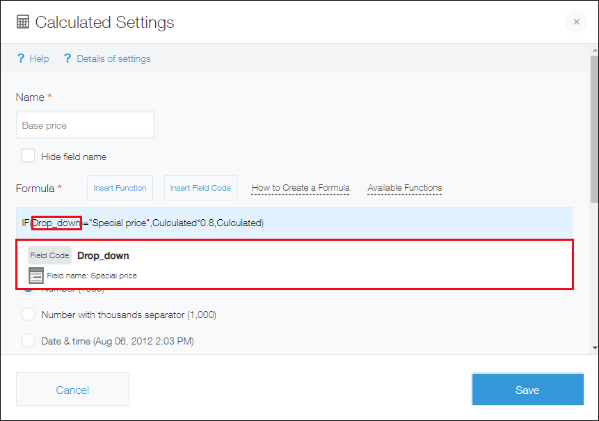 Screenshot: The "Calculated settings" dialog. The text cursor is moved to a field code entered in a formula and information about the field code is displayed.