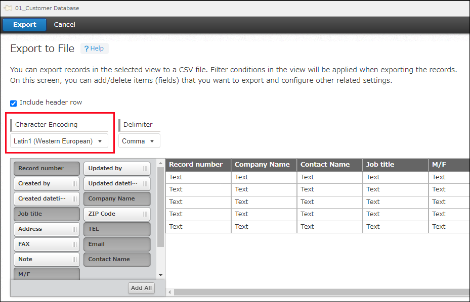 Screenshot: The "Export to file" screen. The "Character encoding" selection area is outlined