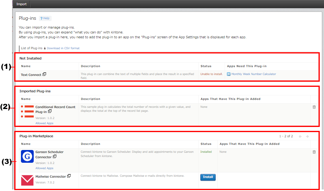 Screenshot: The (1) "Not Installed", (2) "Imported Plug-ins", and (3) "Plug-in Marketplace" sections are highlighted in red on the "Plug-ins" screen