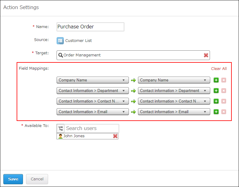 Screenshot: "Field mappings" is shown on the screen for setting up actions