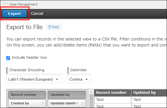 Screenshot: The "Export" button is highlighted