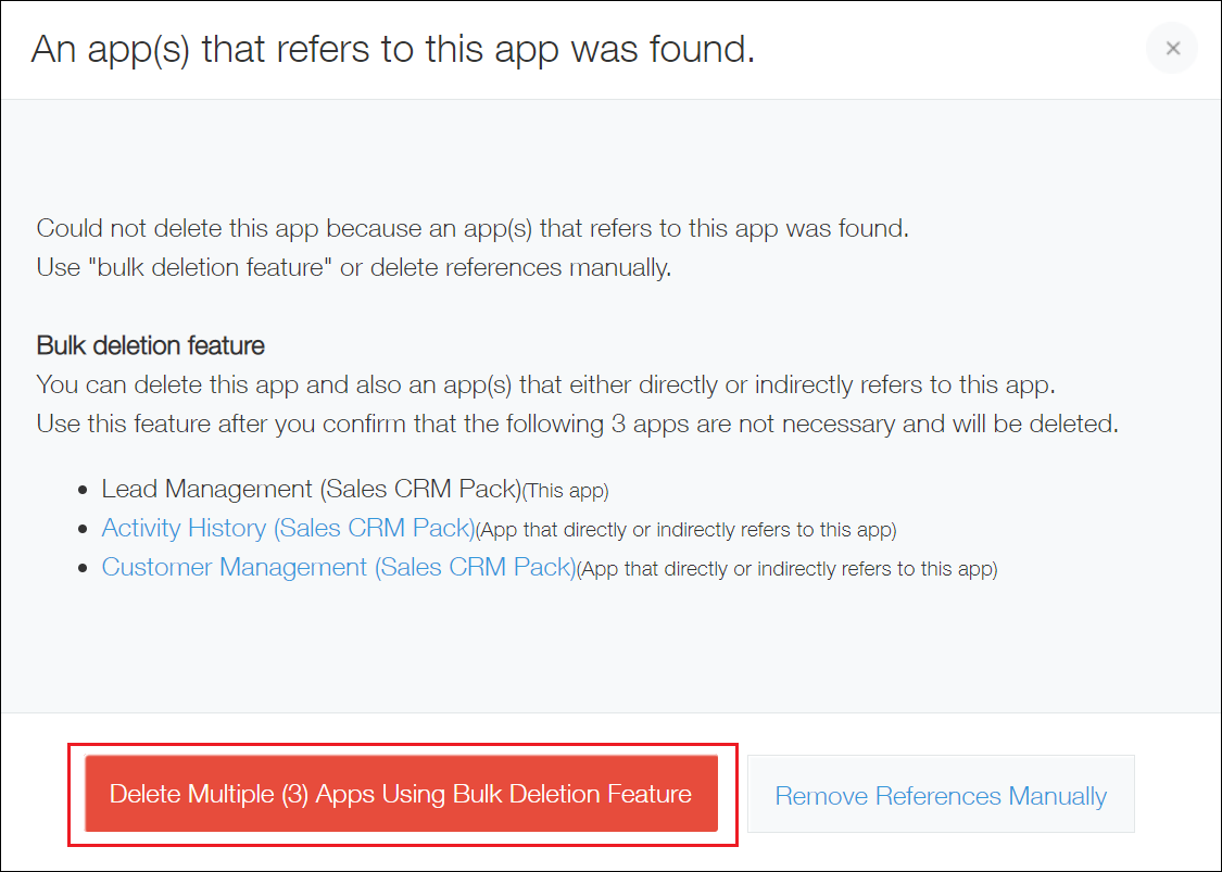 Screenshot: "Delete multiple (***) apps using bulk deletion feature" is outlined