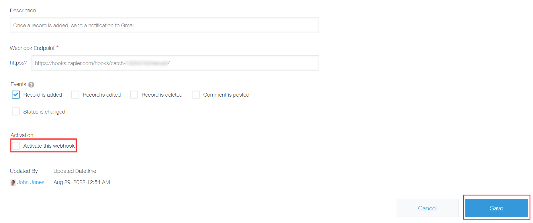 Screenshot: "Activate this webhook" is highlighted