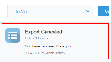 Screenshot: A notification that the export process was canceled is displayed on the "Notifications" screen