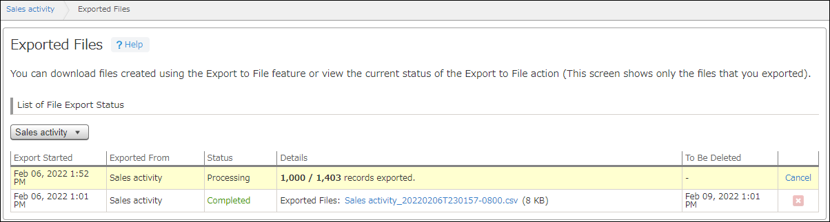 Screenshot: The "Exported files" screen is displayed