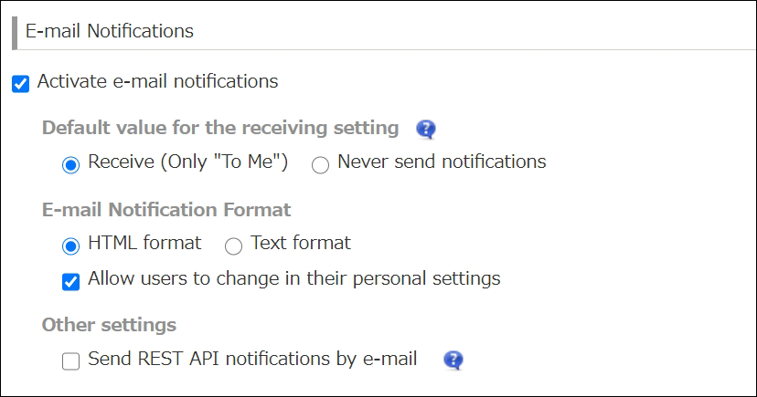 Screenshot: The "Activate email notifications" checkbox is selected