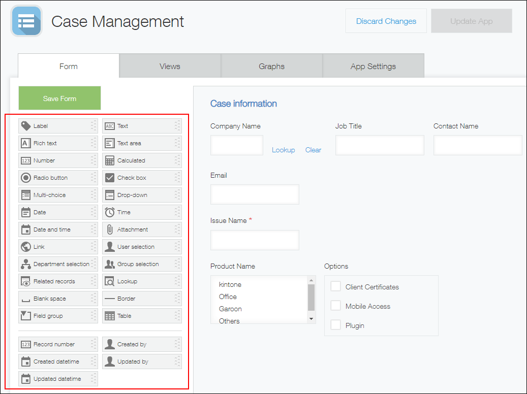Screenshot: The fields that can be used in kintone are highlighted on the "Form" settings screen