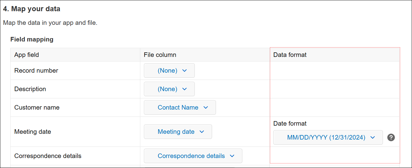 Screenshot: The "Data format" section is highlighted