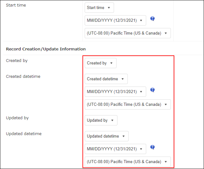 Screenshot: Specifying the corresponding file columns for the fields displayed in the "Record creation/update information" section