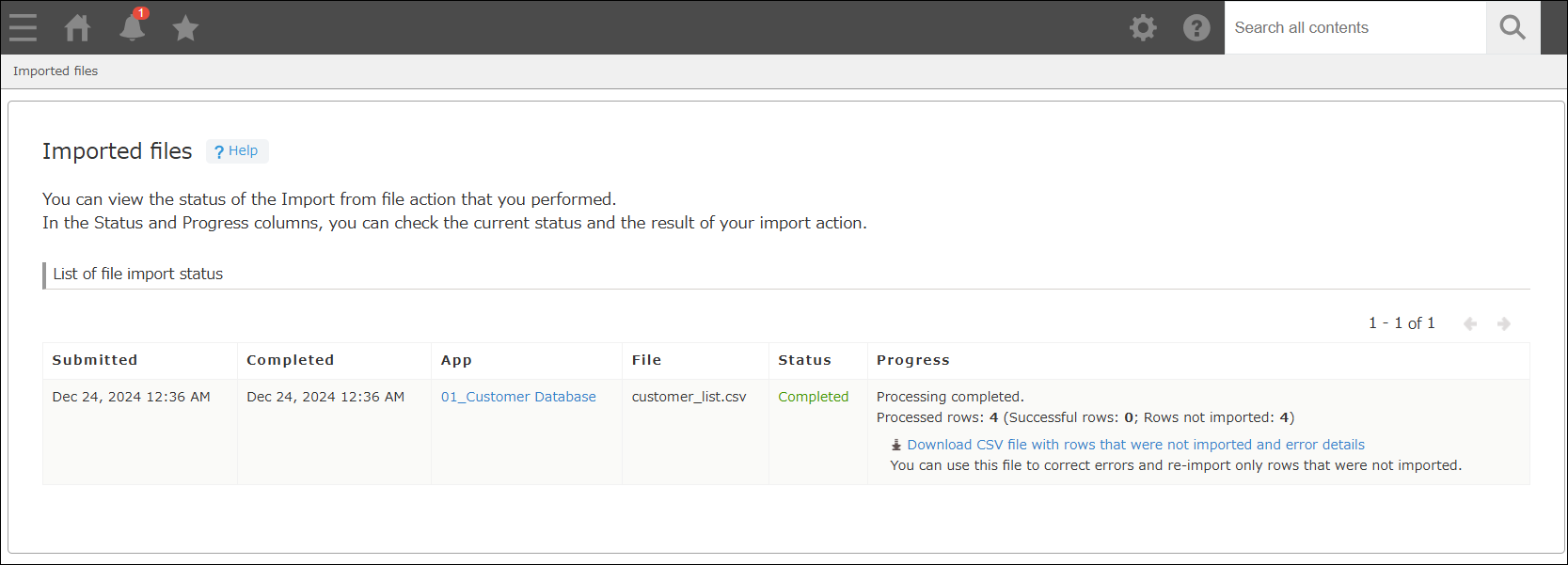 The "Imported files" screen