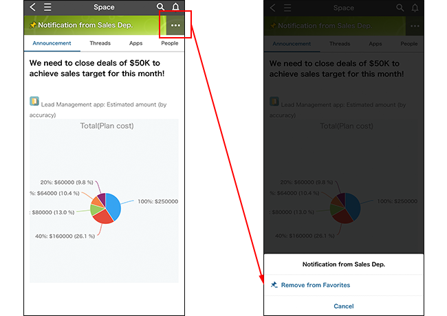 Screenshot: Removing a space from favorites