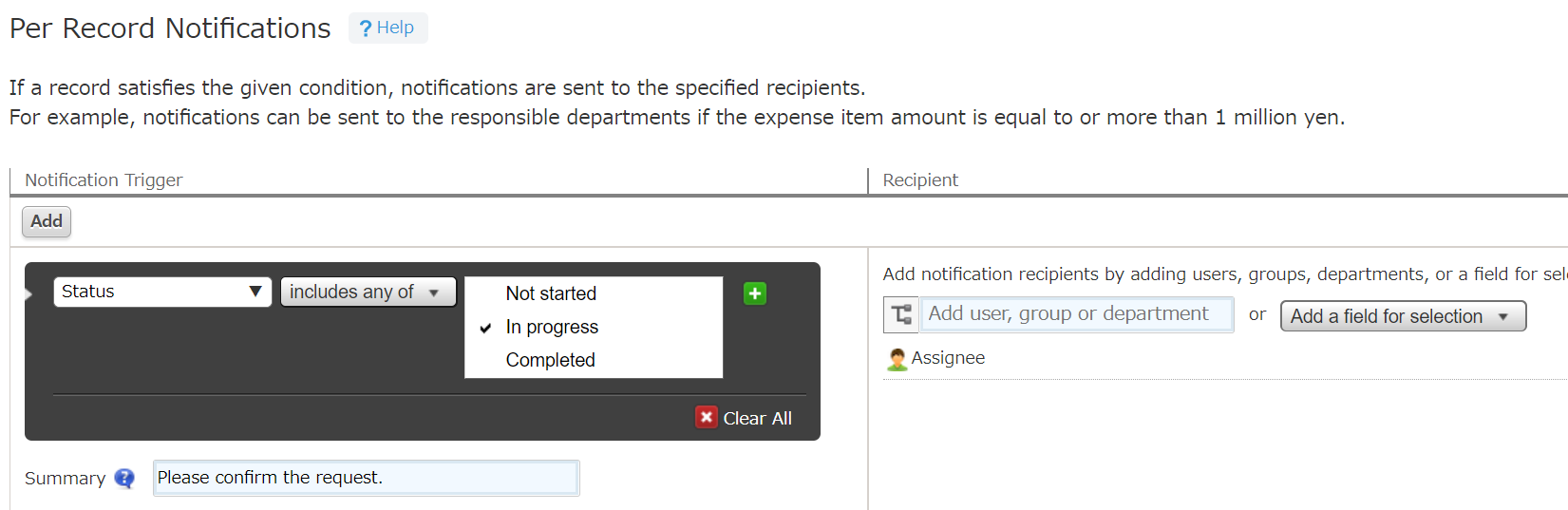 Screenshot: The "Per record notifications" settings in app settings