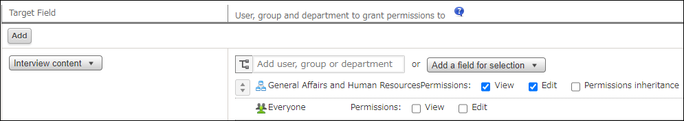 Screenshot: Permissions are set using the "General Affairs and Human Resources" department on the "Permissions for fields" screen